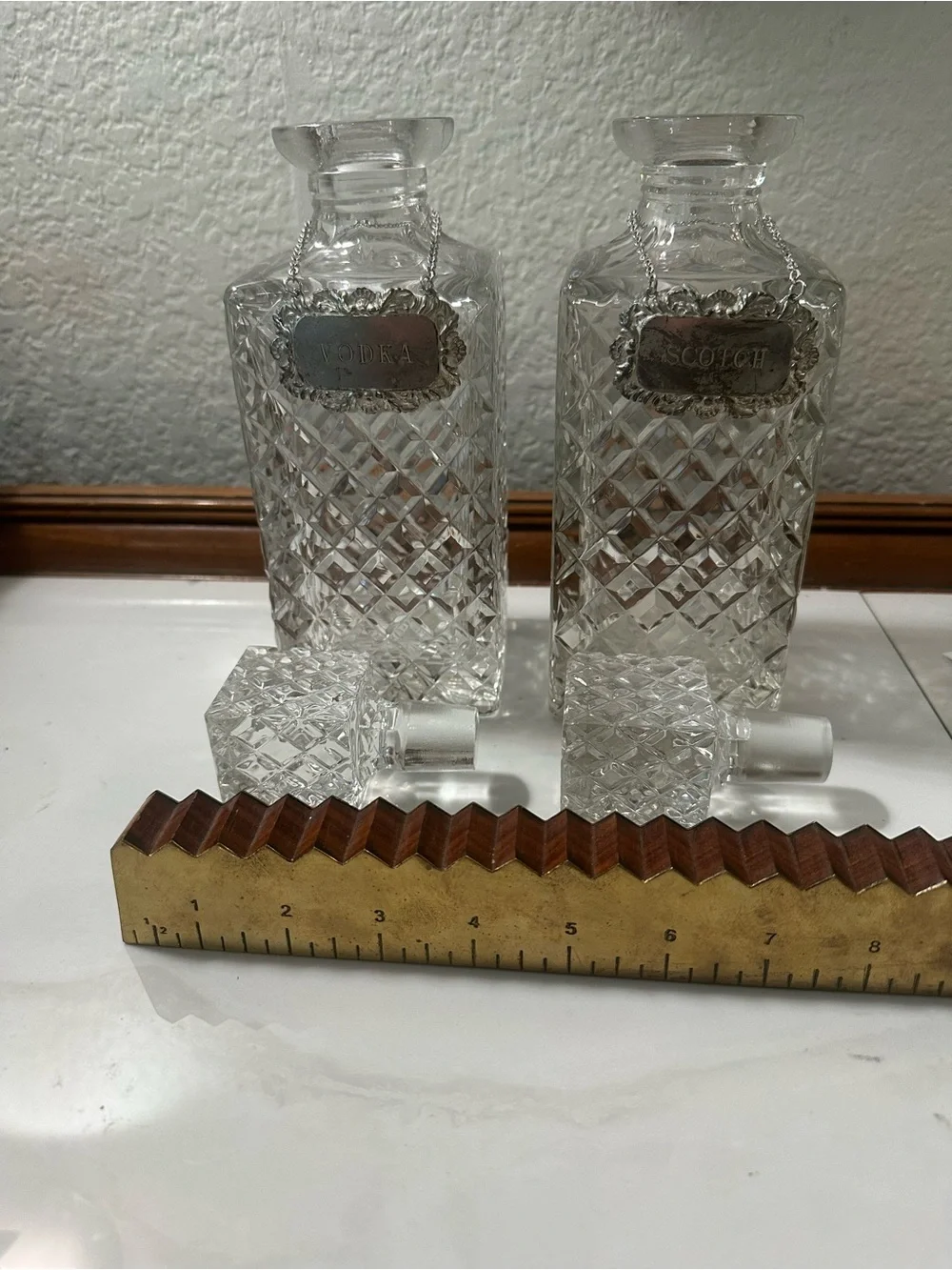 Cut Glass Square Decanters with Silver Labels - Clear Crystal